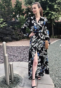 Floral print Maxi dress Oversize relaxed fit cardigan black