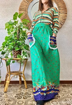 1970's vintage multicolor floral maxi prairie skirt