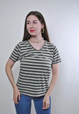 90s vintage minimalist striped green tshirt with v neck 