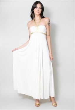 Frank Usher Vintage 70's Grecian White Gold Maxi Dress