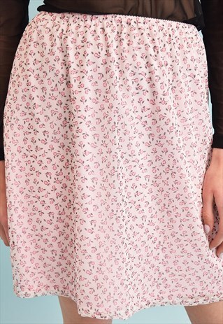 90'S RETRO KITSCH FLORAL PRINT MESH MINI SKIRT