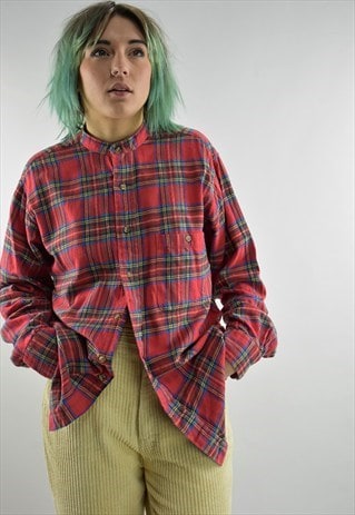 VINTAGE RED TARTAN GRANDAD COLLAR CHECKED SHIRT
