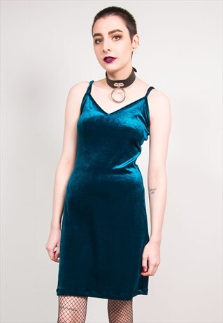 VINTAGE 90'S BLUE VELVET STRAPPY SLIP MINI DRESS