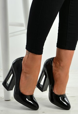 BLACK HIGH BLOCK HEEL PATENT PUMPS COURT SHOES