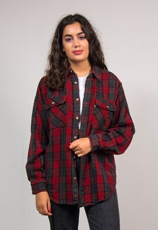 VINTAGE 90'S RED CHECK PATTERN BOYFRIEND THICK FLANNEL SHIRT
