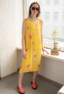 Vintage 80's Yellow Flower Print Midi Dress