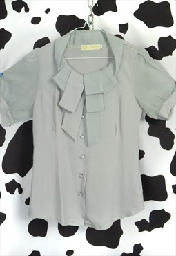 Retro 90s Grey Monochrome Frill Embellished Bow Shirt Blouse