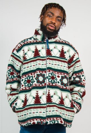 90'S PATTERNED THICK TEDDY FLEECE JACKET