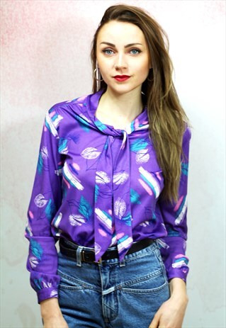 1980S VINTAGE PURPLE TIE UP NECK BLOUSE
