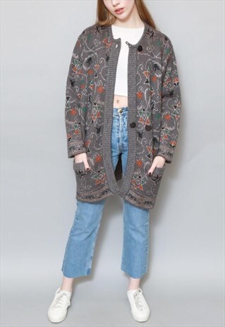 VINTAGE 1970'S GREY WOOL BLEND PATTERN SLOUCHY CARDIGAN