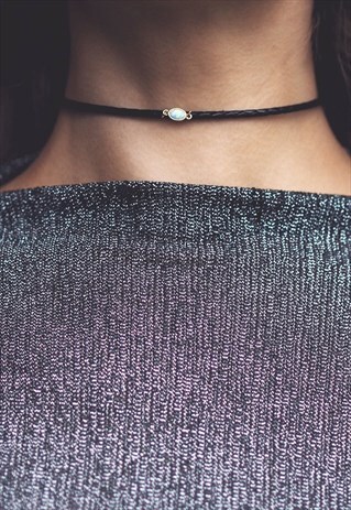 LEELA. WHITE OPAL BRAIDED LEATHER CHOKER