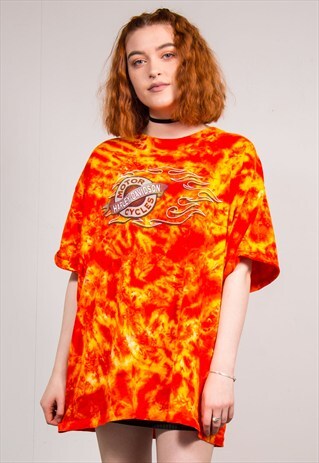 90'S VINTAGE TIE DYE FLAME HARLEY DAVIDSON GRUNGE T-SHIRT
