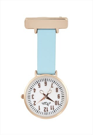 ANNIE APPLE BLUE LEATHER ROSE GOLD, PEARL NURSE FOB WATCH