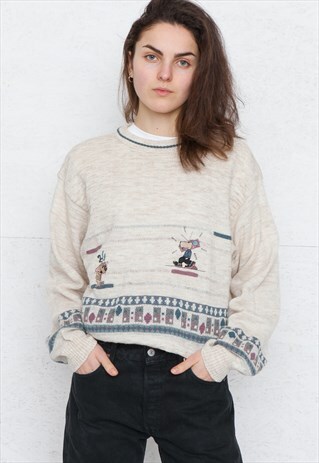 VINTAGE BEIGE ROUND NECK KNIT JUMPER SWEATER