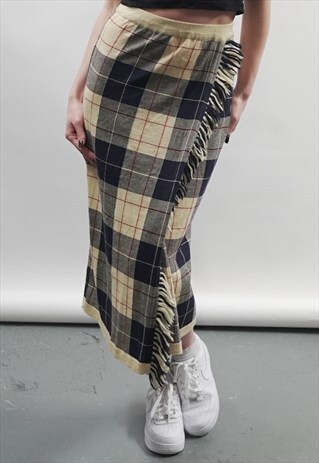VINTAGE 80'S TASSEL KNIT YELLOW TARTAN MIDI SKIRT