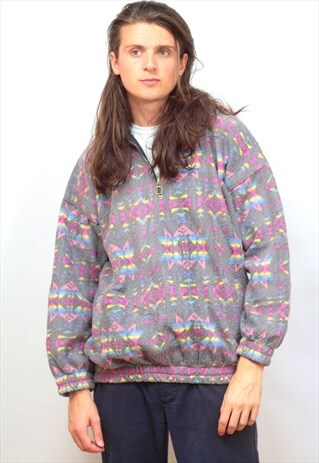 1990'S VINTAGE AZTEC PRINT PULLOVER 1/4 ZIP FLEECE