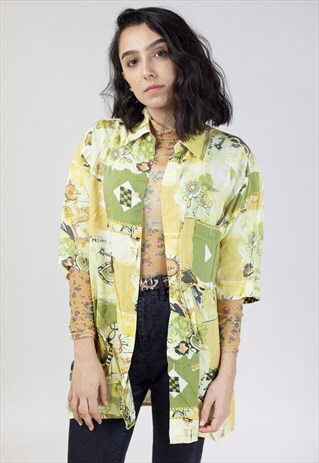 VINTAGE 90S GREEN/YELLOW ABSTRACT PATTERNED SHIRT