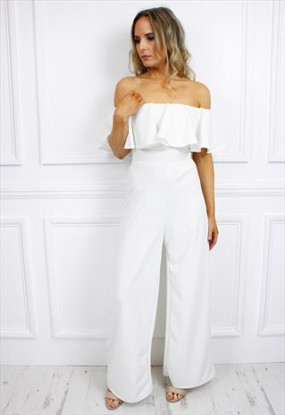 WHITE BARDOT OFF SHOULDER RUFFLE FRILL WIDE PALAZZO JUMPSUIT