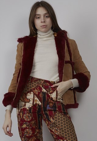 VINTAGE PREMIUM 90'S HOODED TAN/ DARK RED SHEEPSKIN JACKET