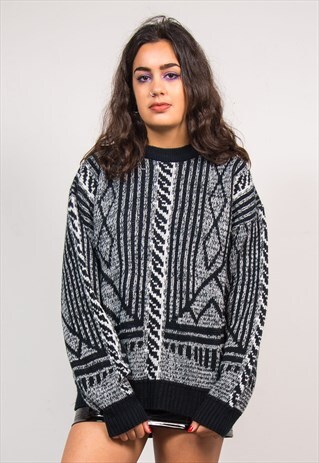 VINTAGE 90'S MONOCHROME KNIT PATTERNED GRUNGE JUMPER