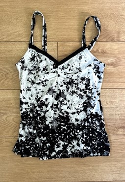 Vintage 00s Black & White Floral Ruched Chest Cami Top