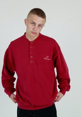 90S CHAMION 1/4 BUTTON SMALL SPELL OUT LOGO SWEATSHIRT