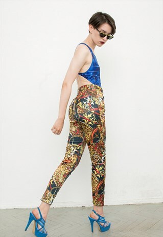 VINTAGE PANTS EQUESTRIAN PATTERN SCARF PRINT BAROQUE JEWEL