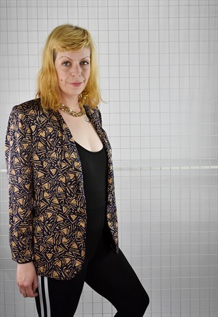 VINTAGE 80S PURE SILK NAVY & MUSTARD PRINT BLAZER W/BELT