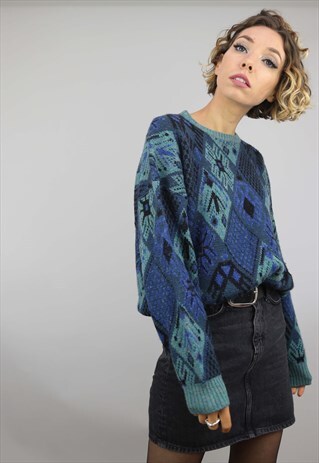 VINTAGE 80S 90S OVERSIZED PATTERNED KNIT JUMPER
