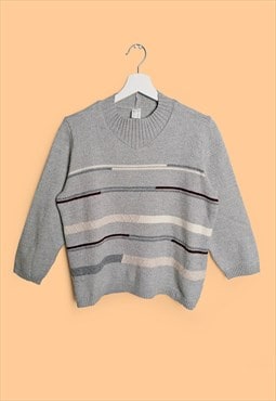 Vintage 80's Retro Pattern Mock-neck Sweater Grey