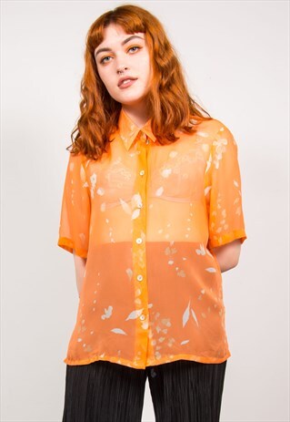 VINTAGE 90'S ORANGE SHEER LEAF PRINT SHORT SLEEVE SHIRT