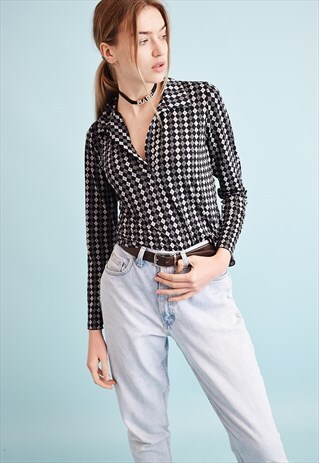 90'S GOES 70'S RETRO ARGYLE PRINT STRETCH PARTY TOP BLOUSE