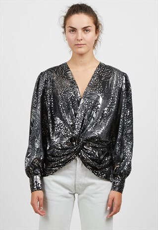 VINTAGE BLACK SILVER C&A V-NECK LONG SLEEVE SPARKLY TOP