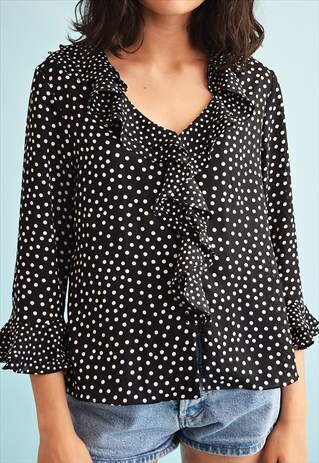 90'S RETRO POLKA DOT PRINT DRAPED BLOUSE TOP