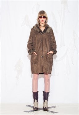 Vintage Y2K Shaggy Faux Shearling Coat in Brown