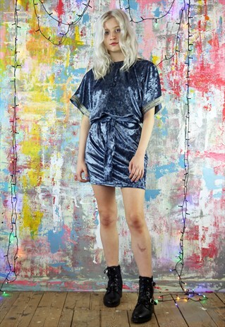 RELAX FIT DRESS IN SILVER BLUE VELVET WITH KIMONO SLEEVES