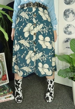 Vintage Y2K Teal Cottage Floral Flower Festival Midi Skirt