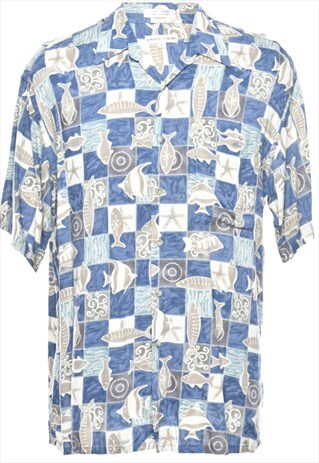 VINTAGE FISH PRINT BLUE & CREAM HAWAIIAN SHIRT - L