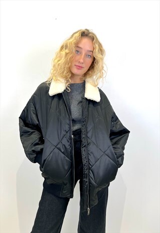 QUILTED SATIN BOMBER IN BLACK 