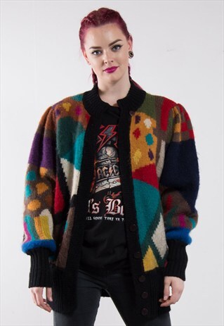 VINTAGE 80'S MULTICOLOUR PATCHWORK CARDIGAN