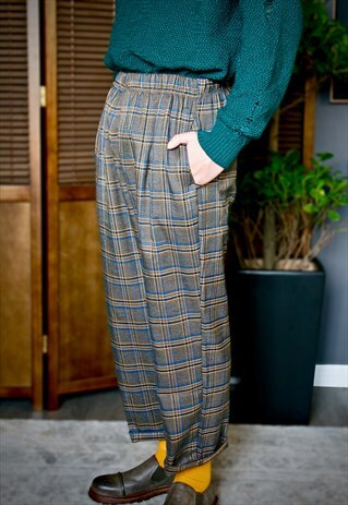 MULTI-COLOUR CHECKED ELASTIC WAISTBAND TROUSERS