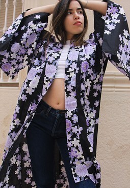 Black & Purple Floral Print Full Length Kimono Jacket