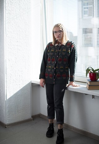 VINTAGE 70'S GREEN WOOL PATTERNED FRONT CARDIGAN