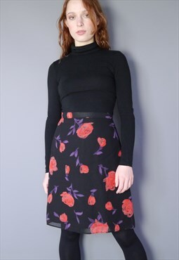 Vintage 90s black red purple floral midi skirt 