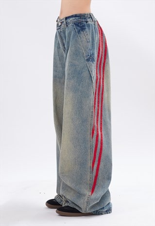 WIDE STRIPED JEANS PATCHWORK DENIM TROUSER RAVE FLARED PANTS