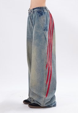 Wide striped jeans patchwork denim trouser rave flared pants