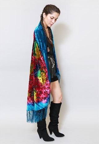 VINTAGE STYLE MULTI COLOUR SILK VELVET FRINGED FESTIVAL CAPE