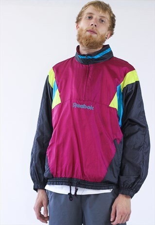 VINTAGE MENS REEBOK WINDBREAKER HALF ZIP ANORAK JACKET LOGO