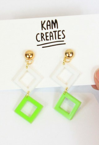 DIAMOND SQUARE DANGLE STUD EARRINGS IN WHITE AND GREEN