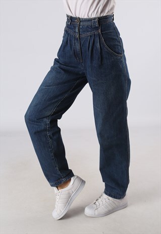 VINTAGE HIGH WAISTED DENIM JEANS WIDE TAPERED UK 6 - 8 JE1E